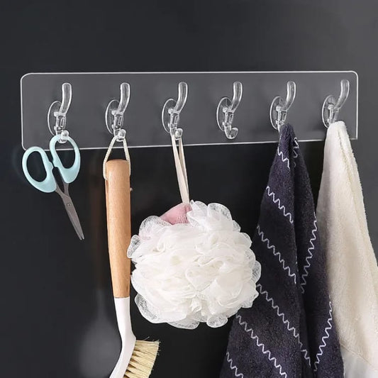 Pack of 3 6 Row Transparent Wall Hooks Self Adhesive Clothes Coat Door Hanger