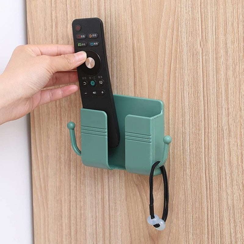 Wall Mount Phone Holder and Remote Control Stand with Hooks