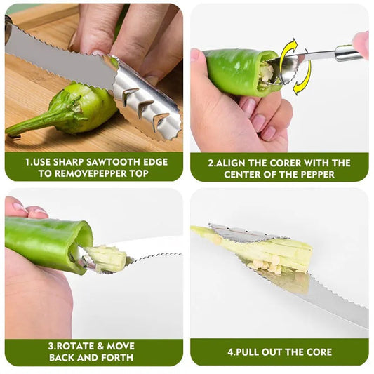 Stainless Steel Pepper Corer & Vegetable Slicer – Multifunction Jalapeno Core Remover