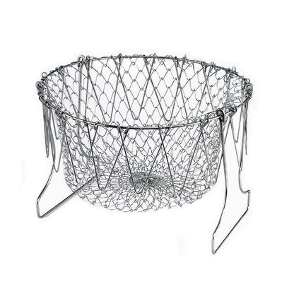 Stainless Steel Multi-Functional Foldable Chef Basket – Deluxe Kitchen Colander, Mesh Steam, Rinse, Strain & Fry Basket